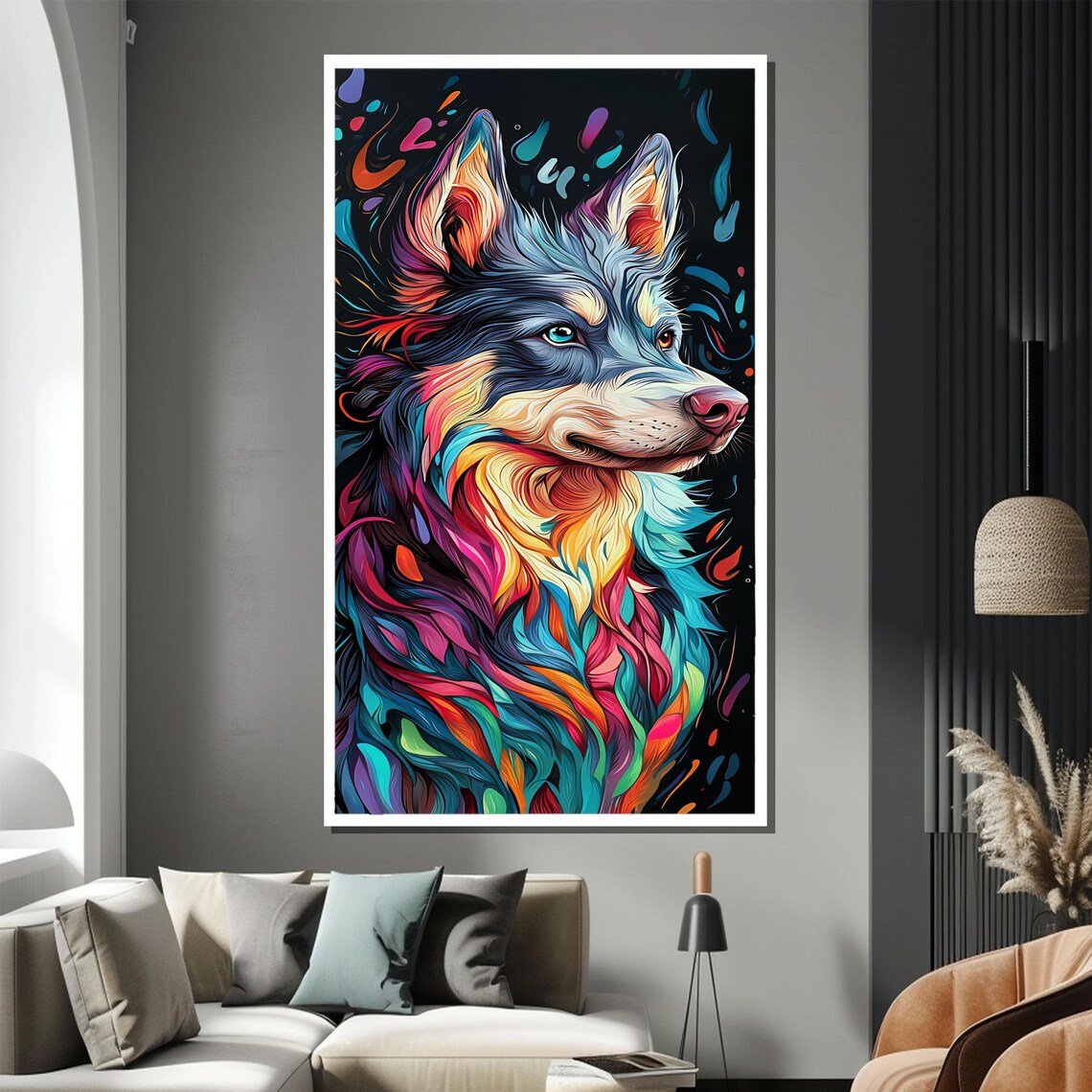 Colorful Neon Wolf Head Swirling Rainbow Fur Pattern Artwork Poster - Image 2