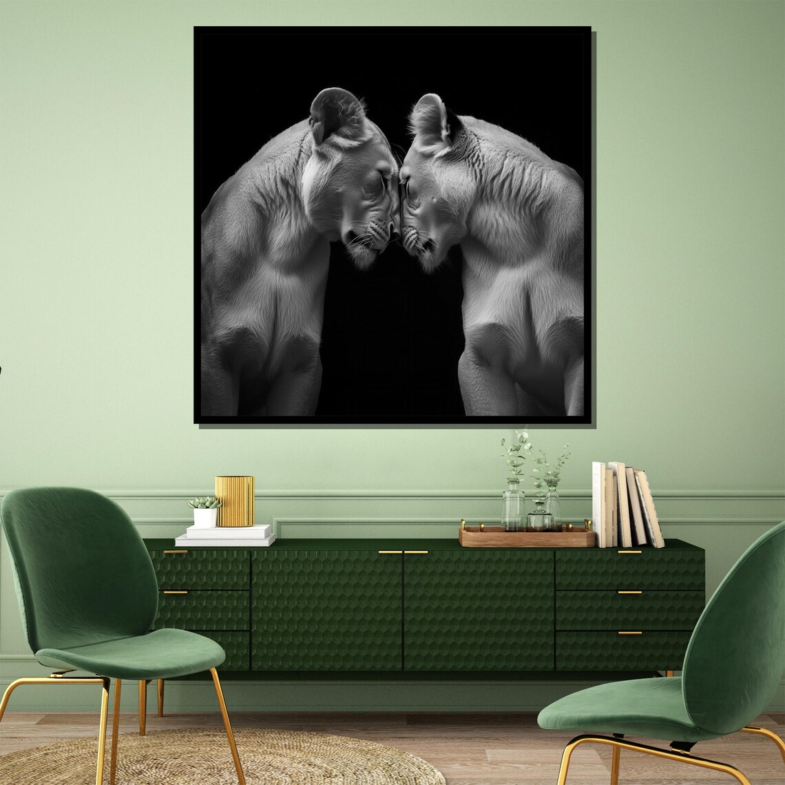 White Lioness Duo Nose To Nose Striking Black Background Poster - Image 4