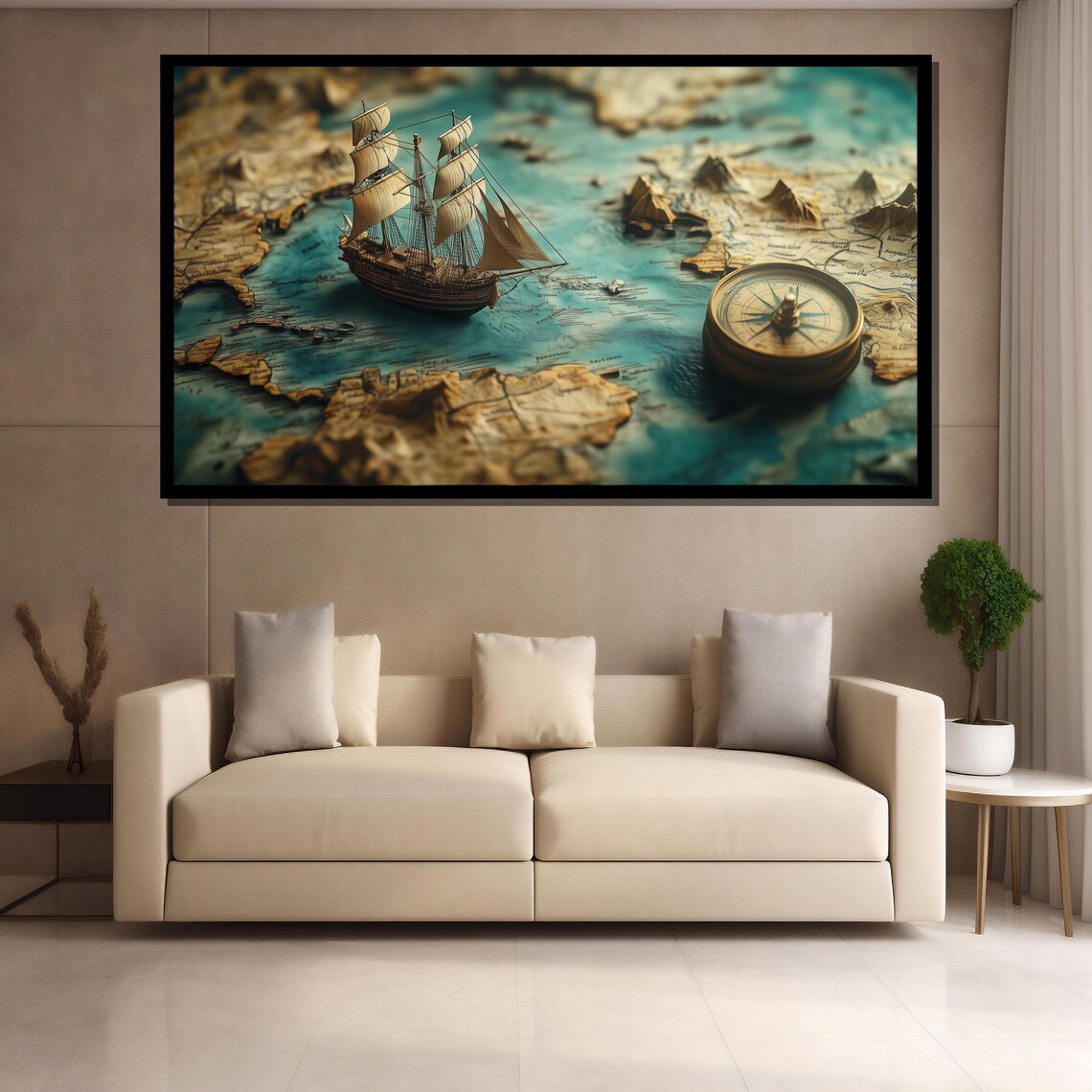 Antique Tall Ship Vintage World Map and Compass Nautical Poster - Image 4