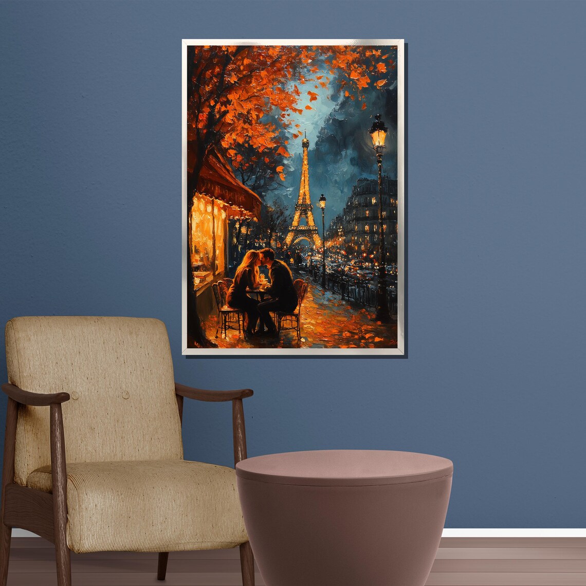 Paris Eiffel Tower Autumn Cafe Evening Glowing Street Art Poster - Image 4