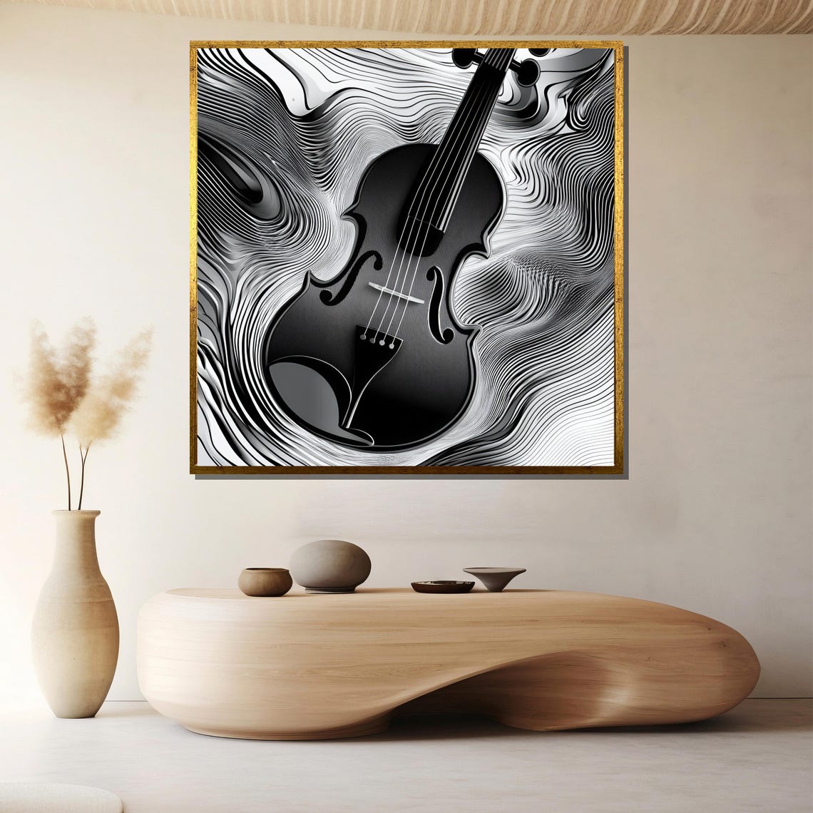 Abstract Black and White Violin Painting in Swirling Lines Poster