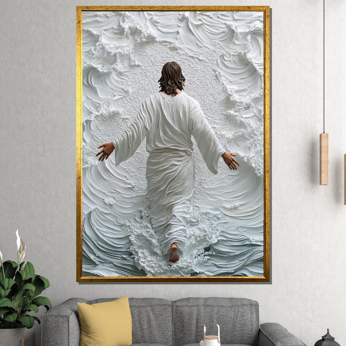 Jesus Walking on Water White 3D Textured Relief Waves Poster