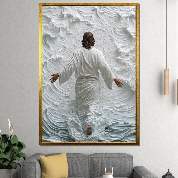 Jesus Walking on Water White 3D Textured Relief Waves Poster