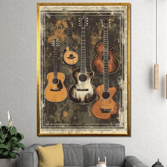Rustic Vintage Guitar Collection Four Acoustic Guitars Poster