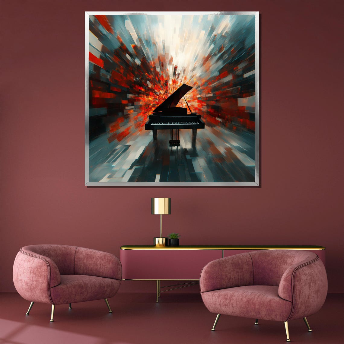 Grand Piano in a Vibrant Abstract Red and Blue Color Burst Poster - Image 3