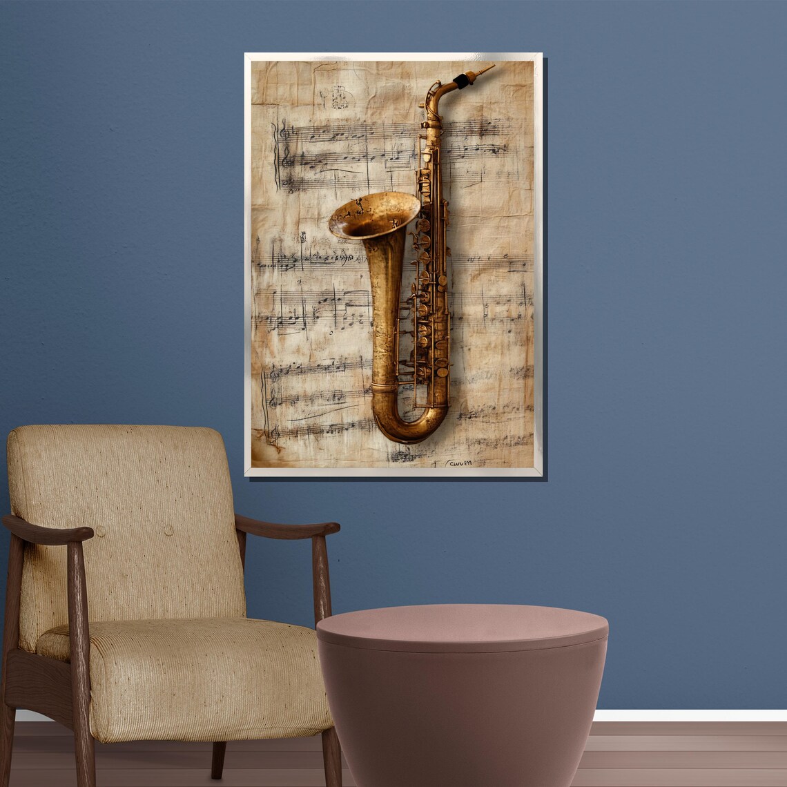 Classic Antique Golden Saxophone on Weathered Sheet Music Poster - Image 3