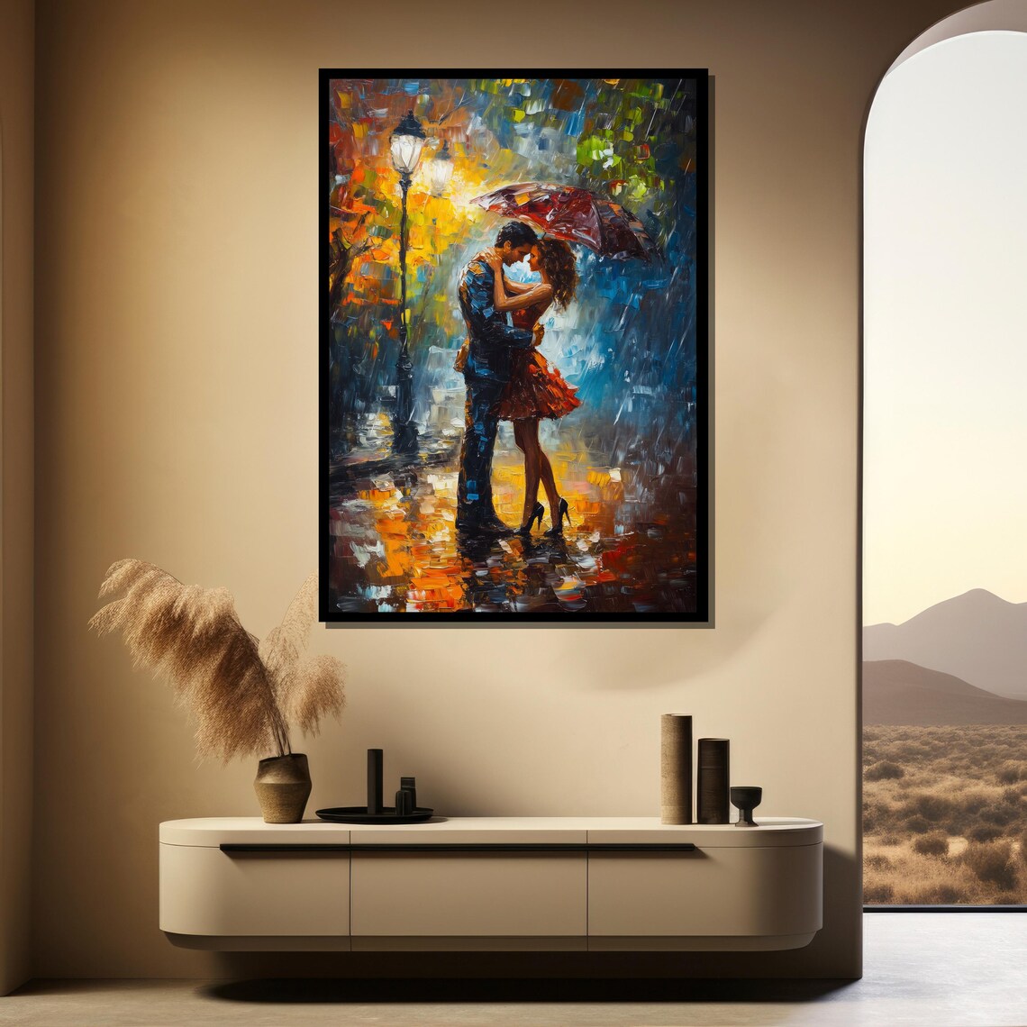 Romantic Couple Under Umbrella Rainy Street Painting Art Poster - Image 5