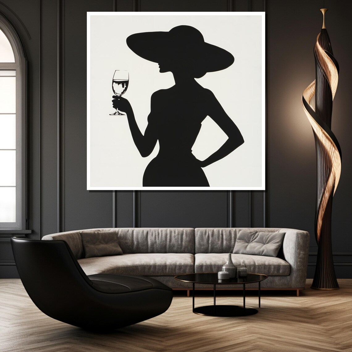 Minimalist Black White Woman Silhouette With Hat And Wine Poster - Image 3