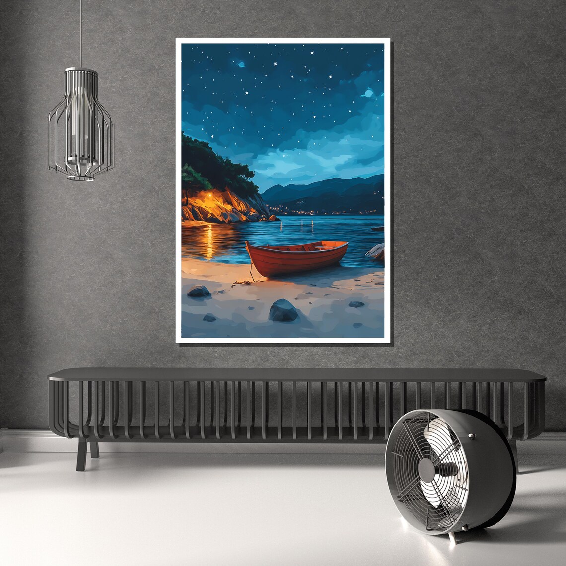 Starry Night Red Rowboat On Moonlit Beach Coastal Art Poster - Image 2