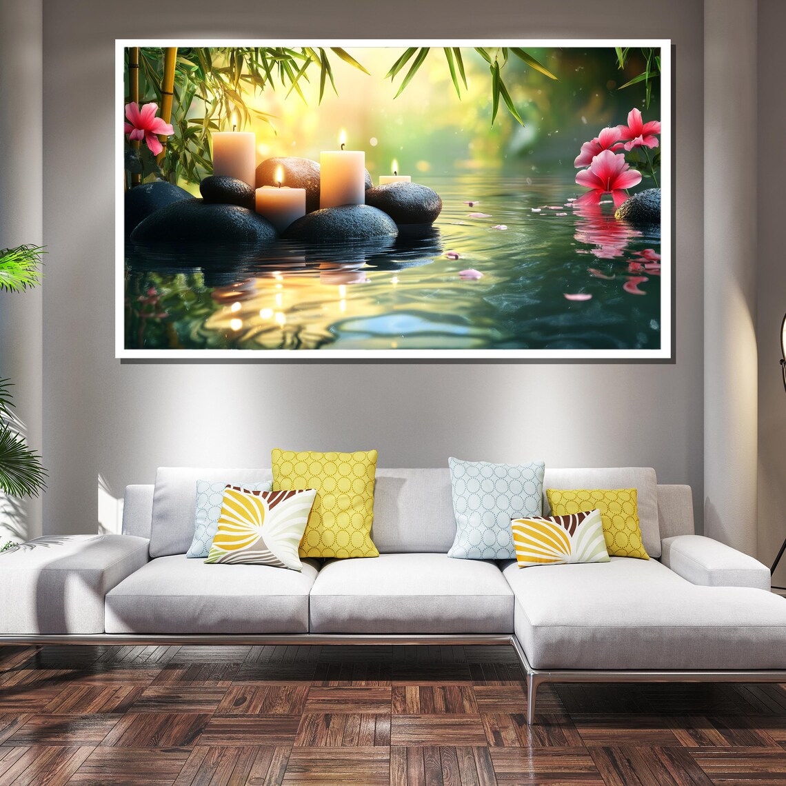 Zen Spa Candles And Smooth Stones Floating On Calm Water Poster - Image 2
