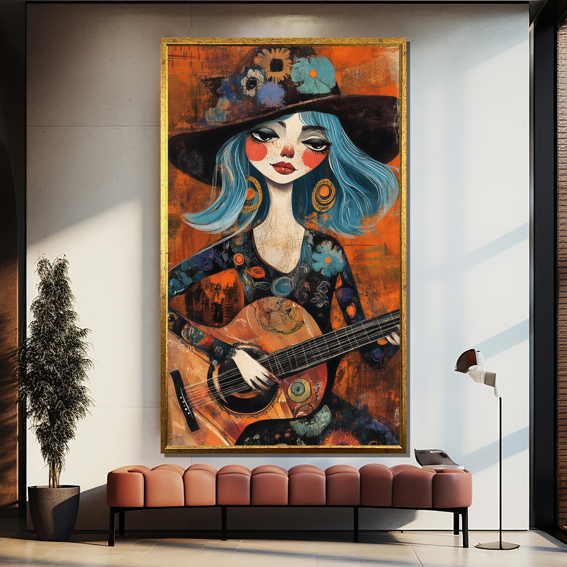 Bohemian Blue Haired Guitarist Girl in Vibrant Portrait Poster