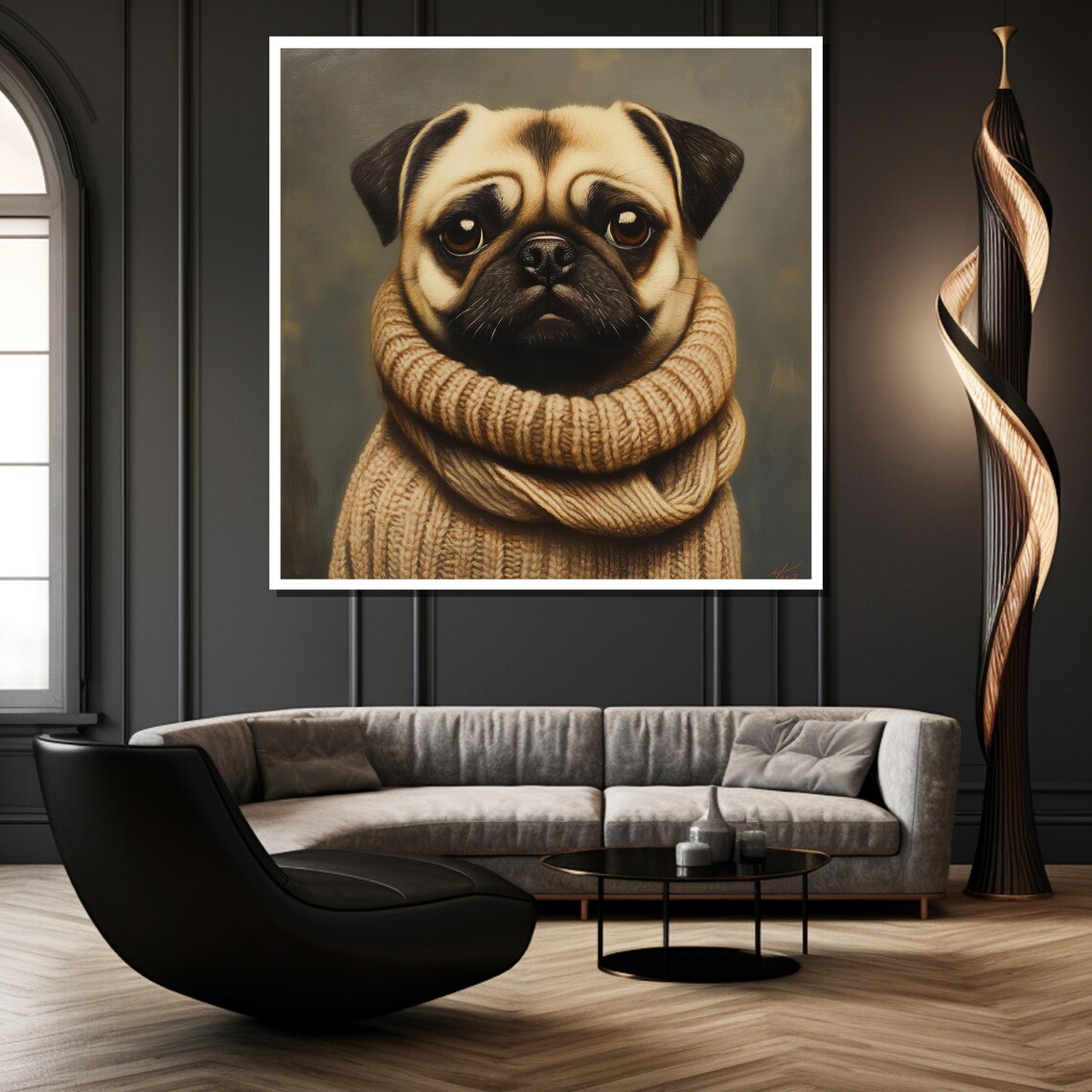 Cozy Pug Wrapped in a Chunky Knit Sweater Cute Dog Lover Poster - Image 2