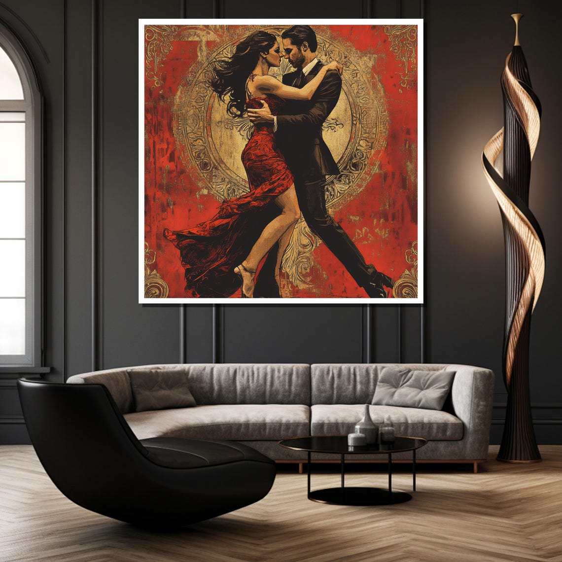 Passionate Tango Couple Dancing in Red and Gold Ornate Style Poster - Image 2