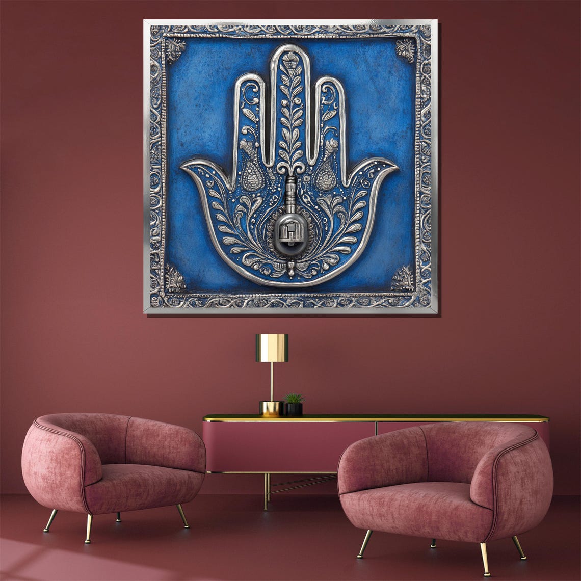Blue Hamsa Hand of Protection Ornate Spiritual Symbol Poster - Image 3