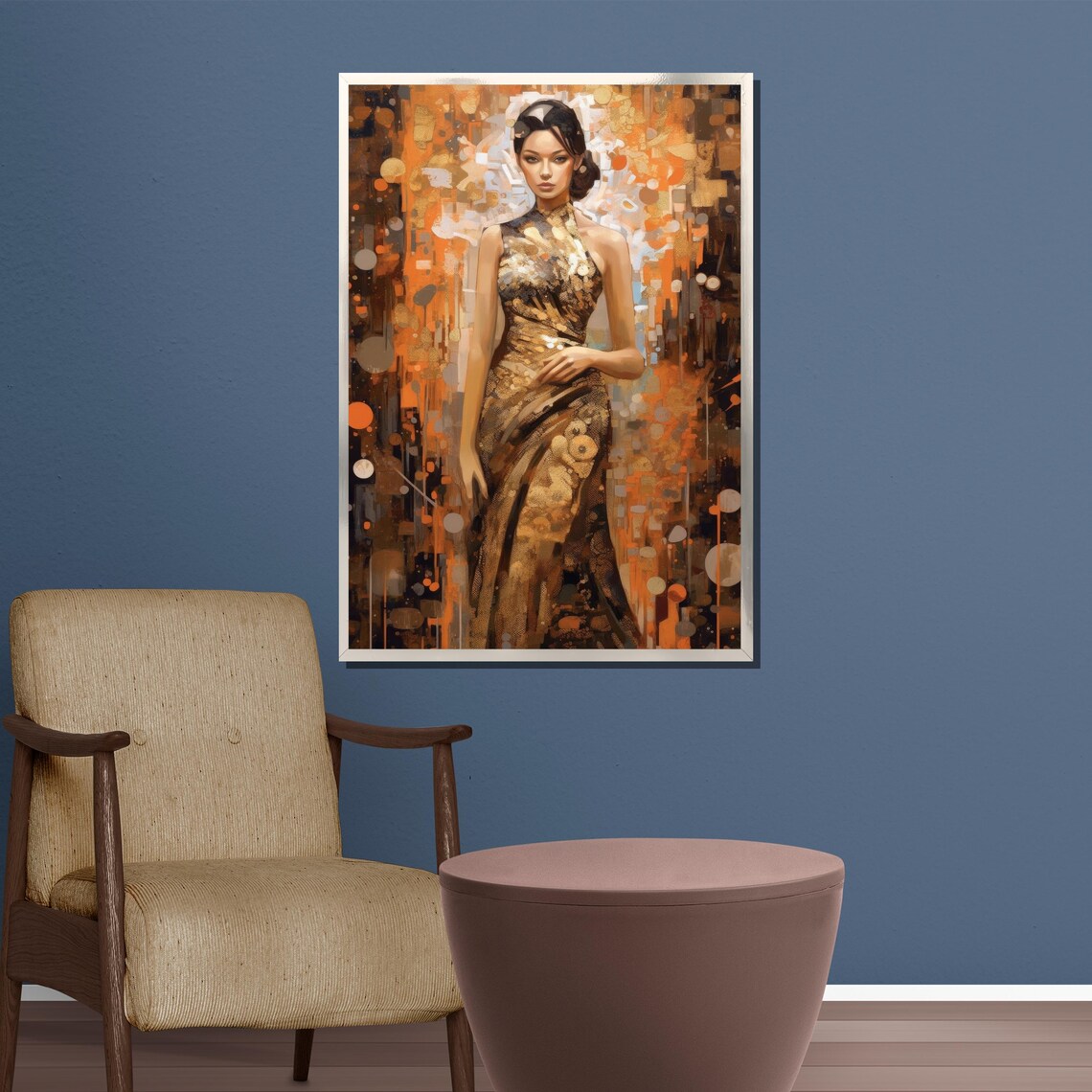 Golden Elegance Woman In A Shimmering Gold Gown On Amber Poster - Image 4