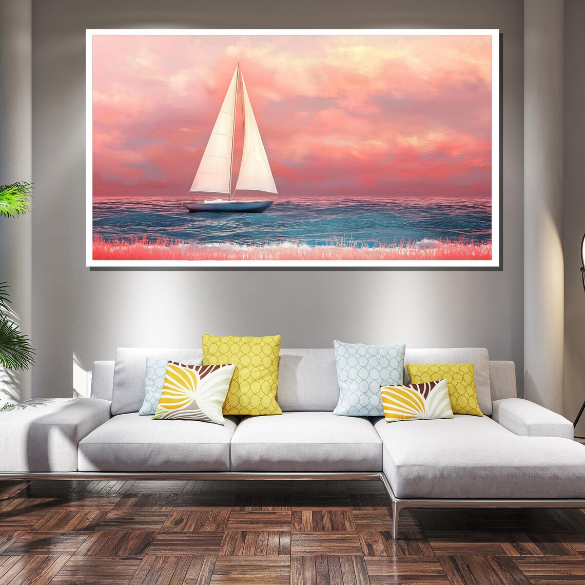 Sailboat Pink Sunset Glow Over Calm Ocean Horizon Scene Poster - Image 2