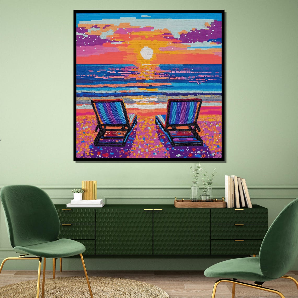Stunning Pop Art Beach Chairs Neon Sunset Ocean Scene Poster - Image 4