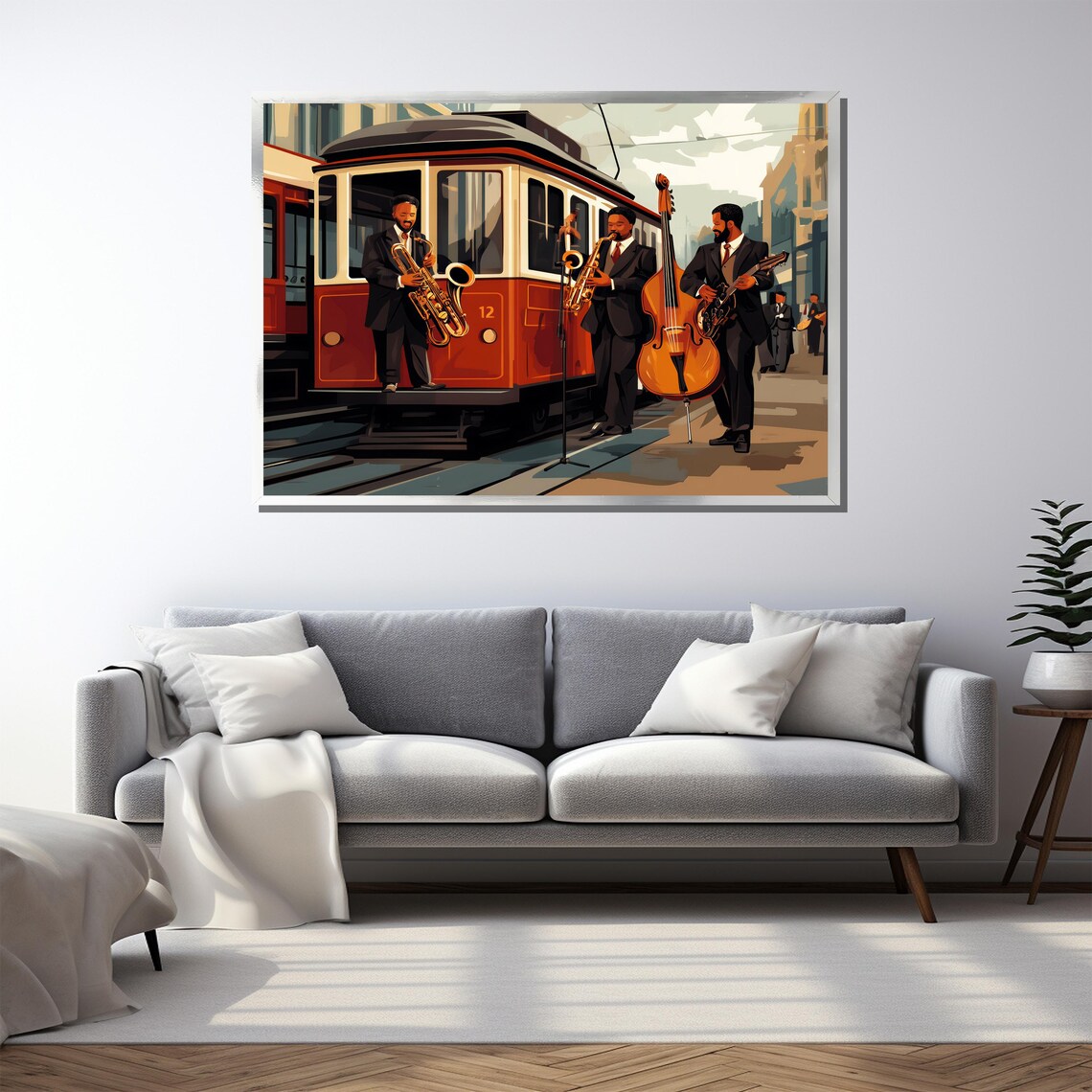 Jazz Trio Street Musicians Vintage Red Tram Retro Wall Poster - Image 3