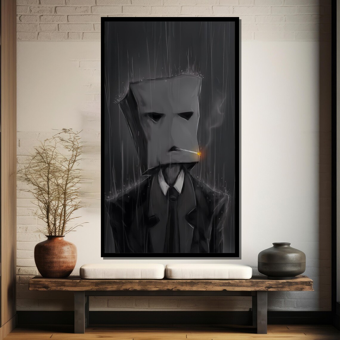 Mysterious Masked Man Smoking In The Rain Noir Painting Poster - Image 4