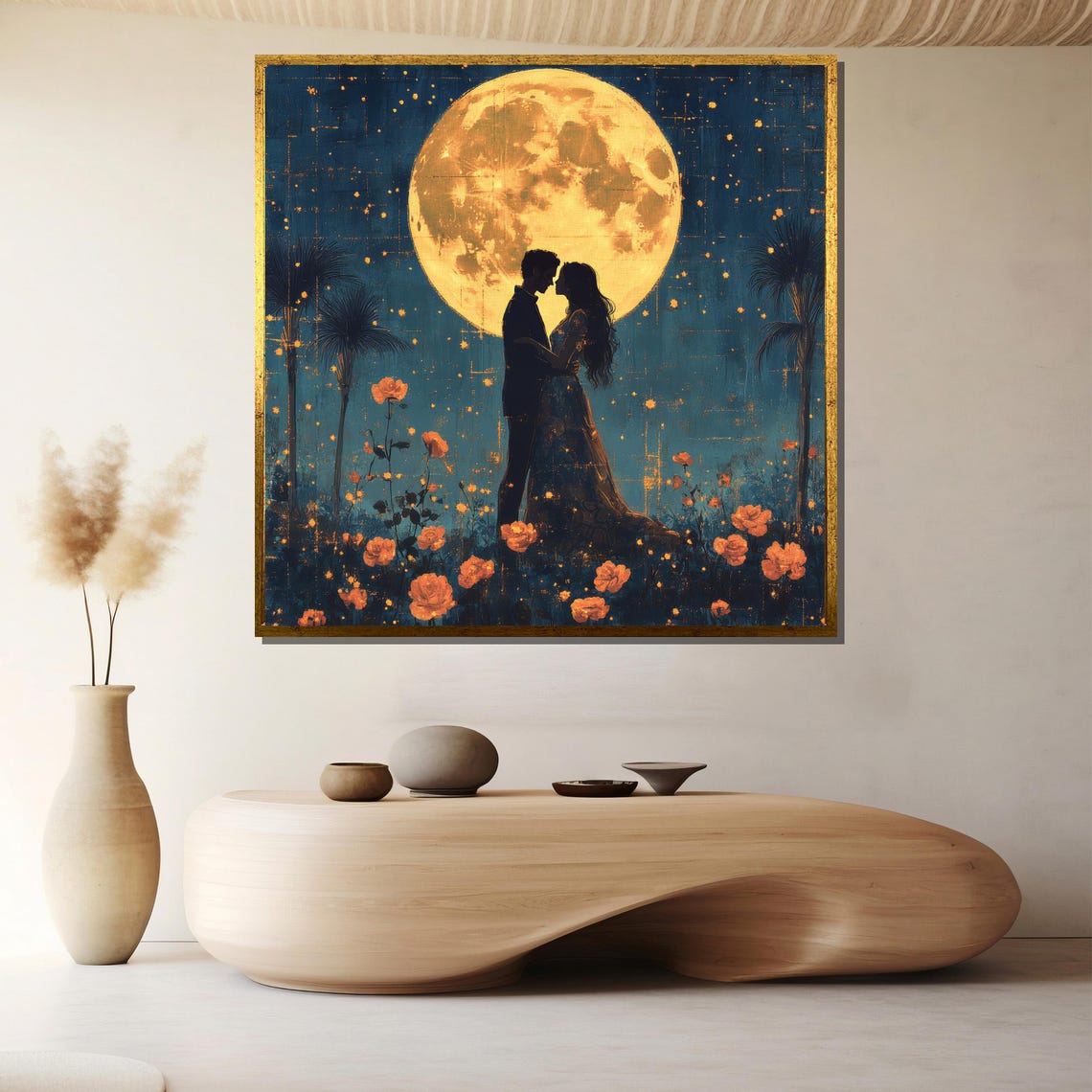 Moonlit Romantic Couple Embrace Floral Night Sky Golden Poster
