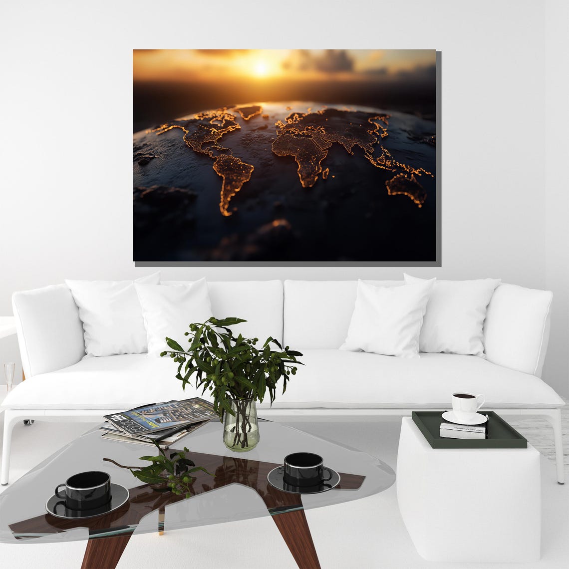 Golden Glowing World Map Earth Sunrise Modern Travel Wall Poster - Image 2