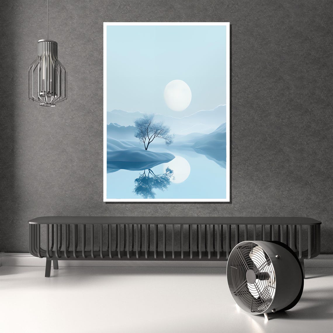 Serene Moonlight Blue Lake Misty Mountains Landscape Art Poster - Image 3
