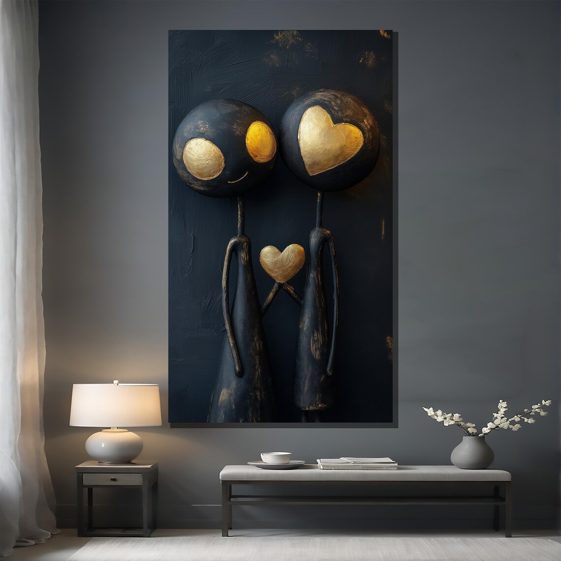 Black And Gold Heart Abstract Couple Figures Playful Art Poster - Image 2
