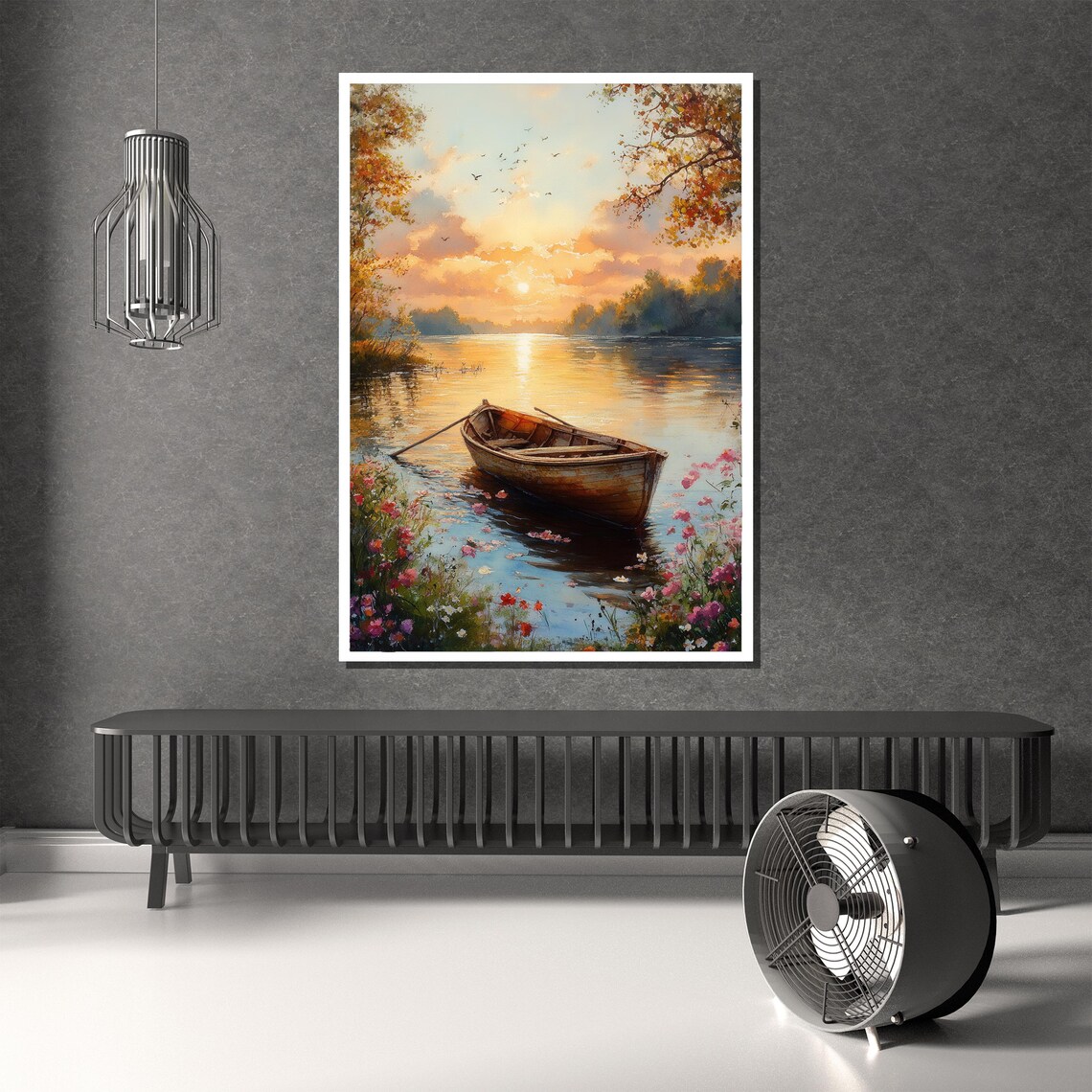 Weathered Wooden Boat Sunset River Floral Banks Scenic Poster - Image 2