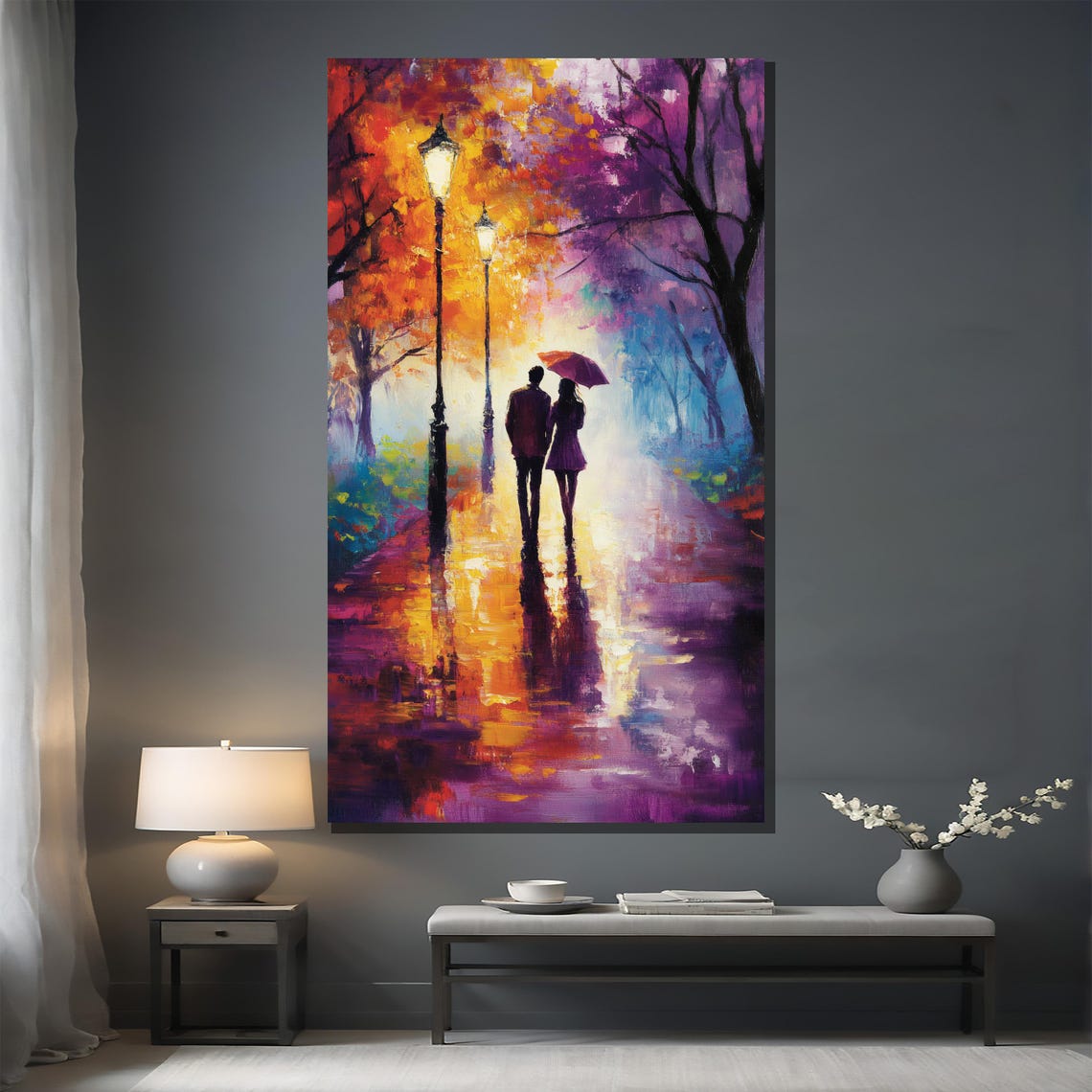 Romantic Rain Stroll Couple Sharing Umbrella Autumn Path Poster - Image 2