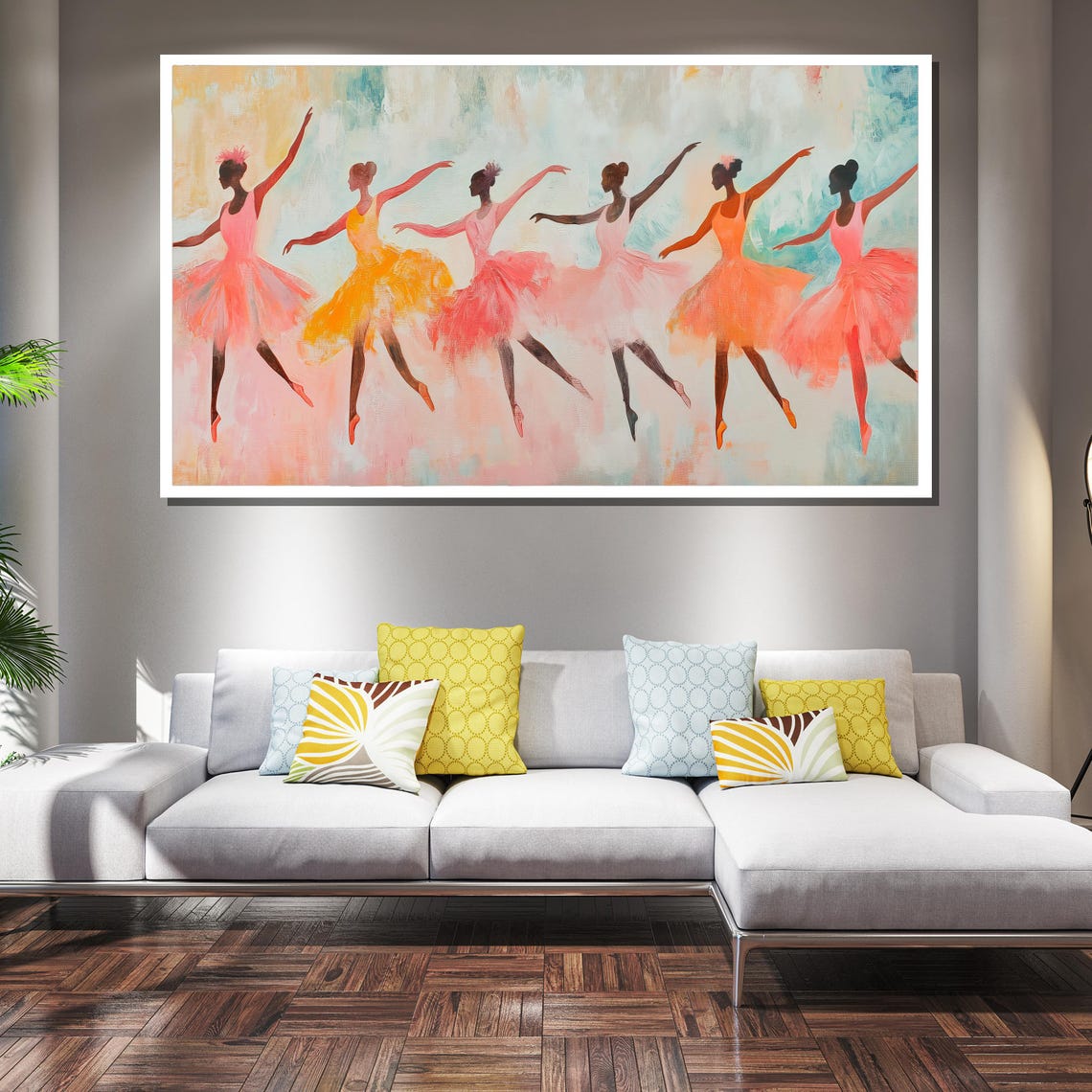 Graceful Ballerinas in Colorful Tutus Dancing Row Painting Poster - Image 2