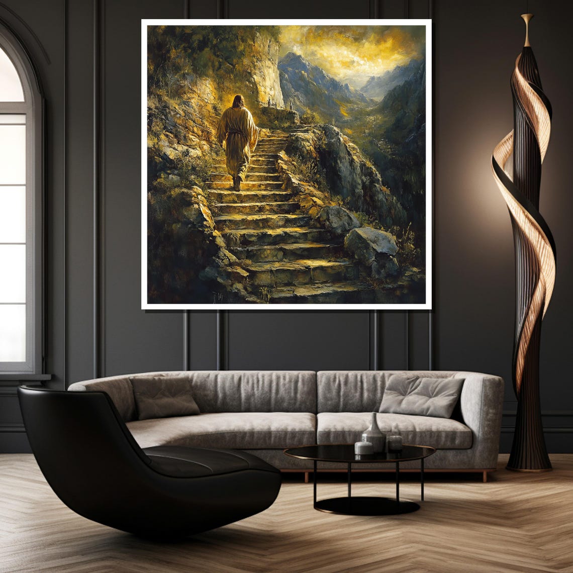 Jesus Walking Up Mountain Stairs Golden Biblical Landscape Poster - Image 4