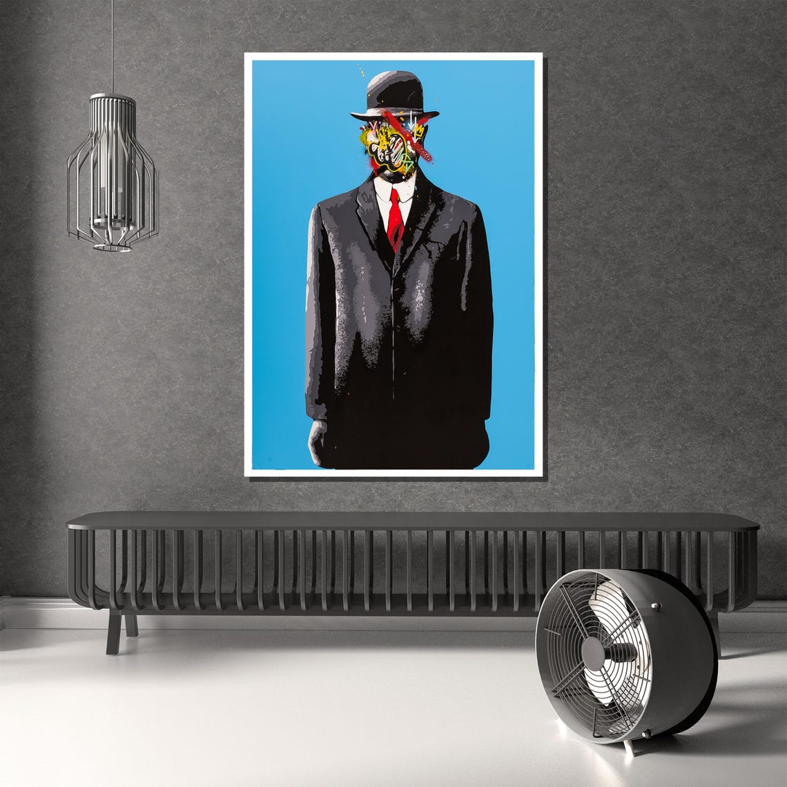 Bowler Hat Man With Graffiti Face on Bright Blue Pop Art Poster - Image 2
