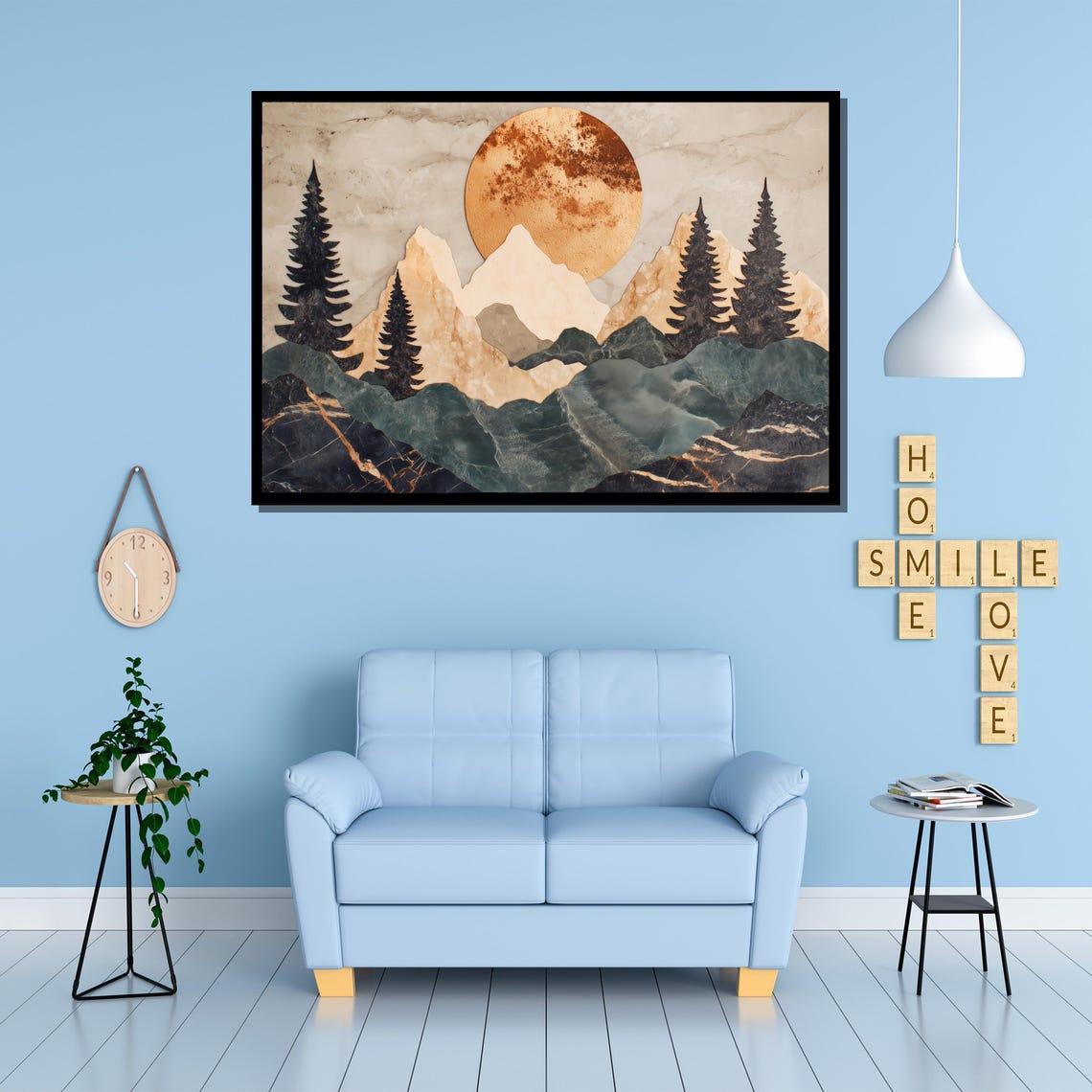 Golden Sun And Marble Mountain Forest Painting Unique Wall Art Gift For White Room And Modern Nature Decor - Image 4