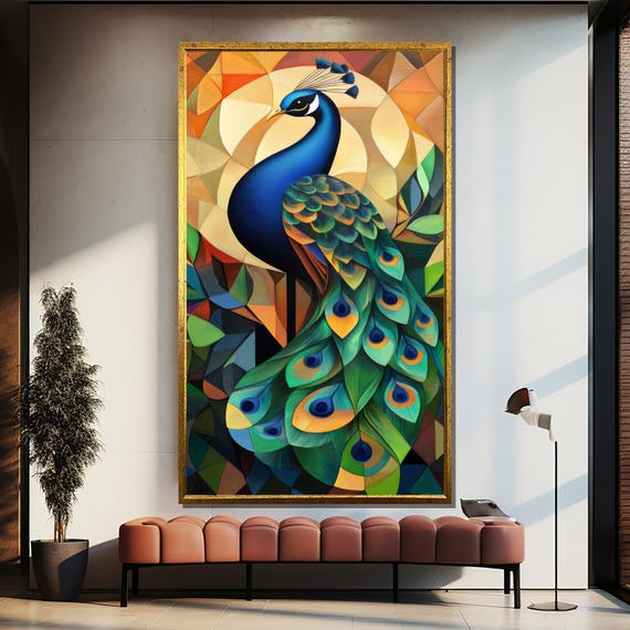 Peacock Painting Gift Vibrant Geometric Bird Wall Art Modern Animal Artwork For Colorful Home Decor