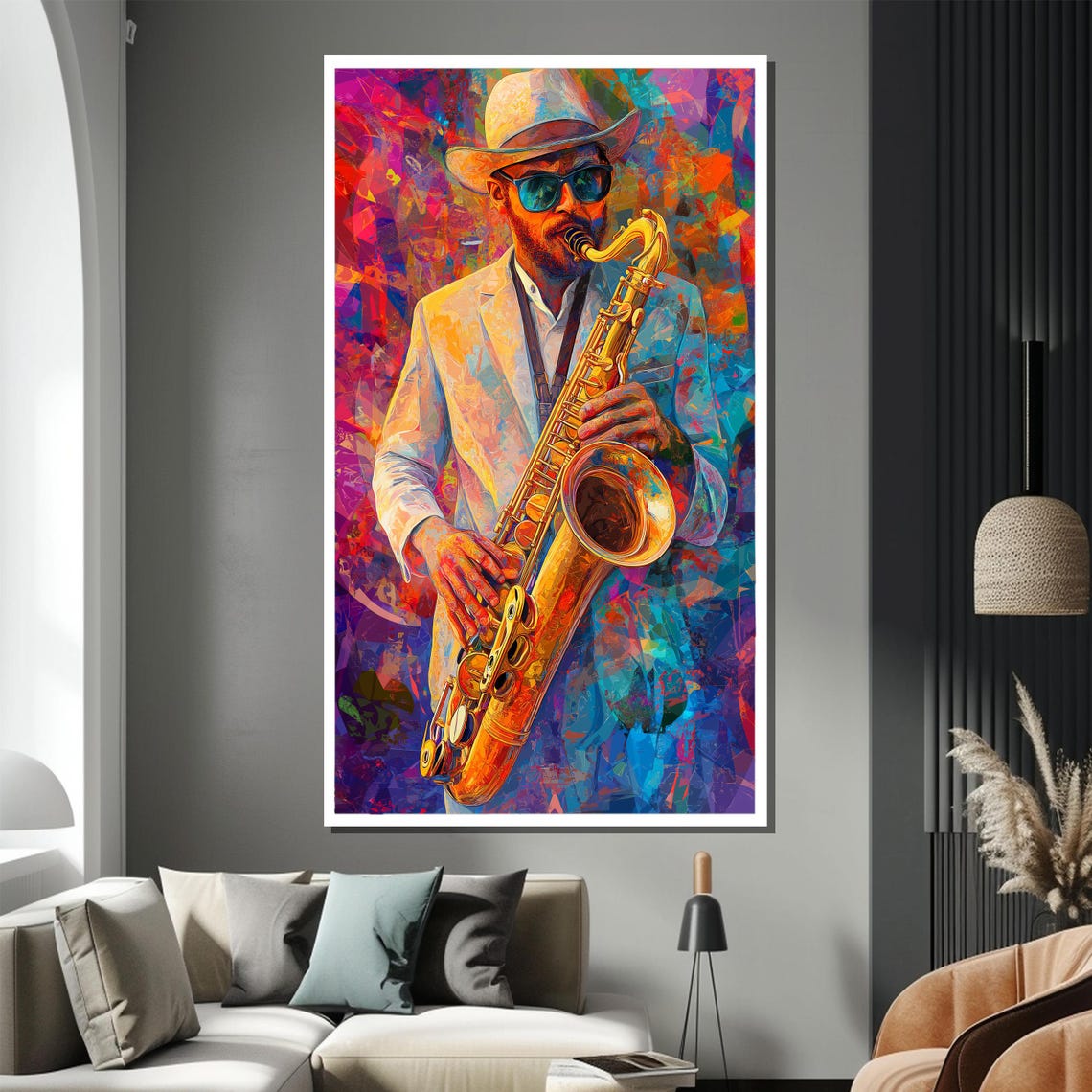 Colorful Jazz Saxophonist in White Hat and Sunglasses Poster - Image 2