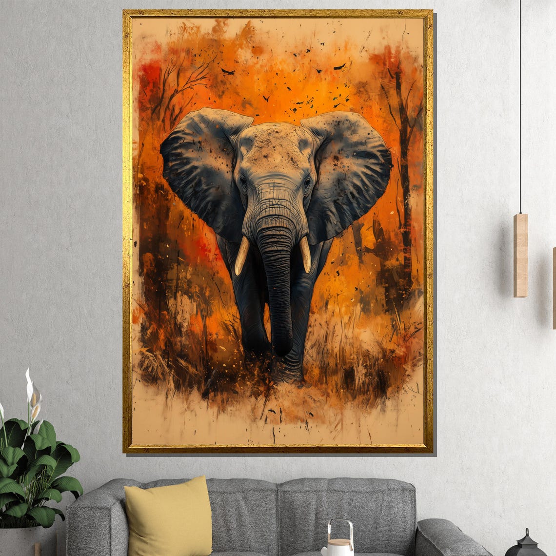 African Elephant Striding Forward Through Orange Savanna Poster