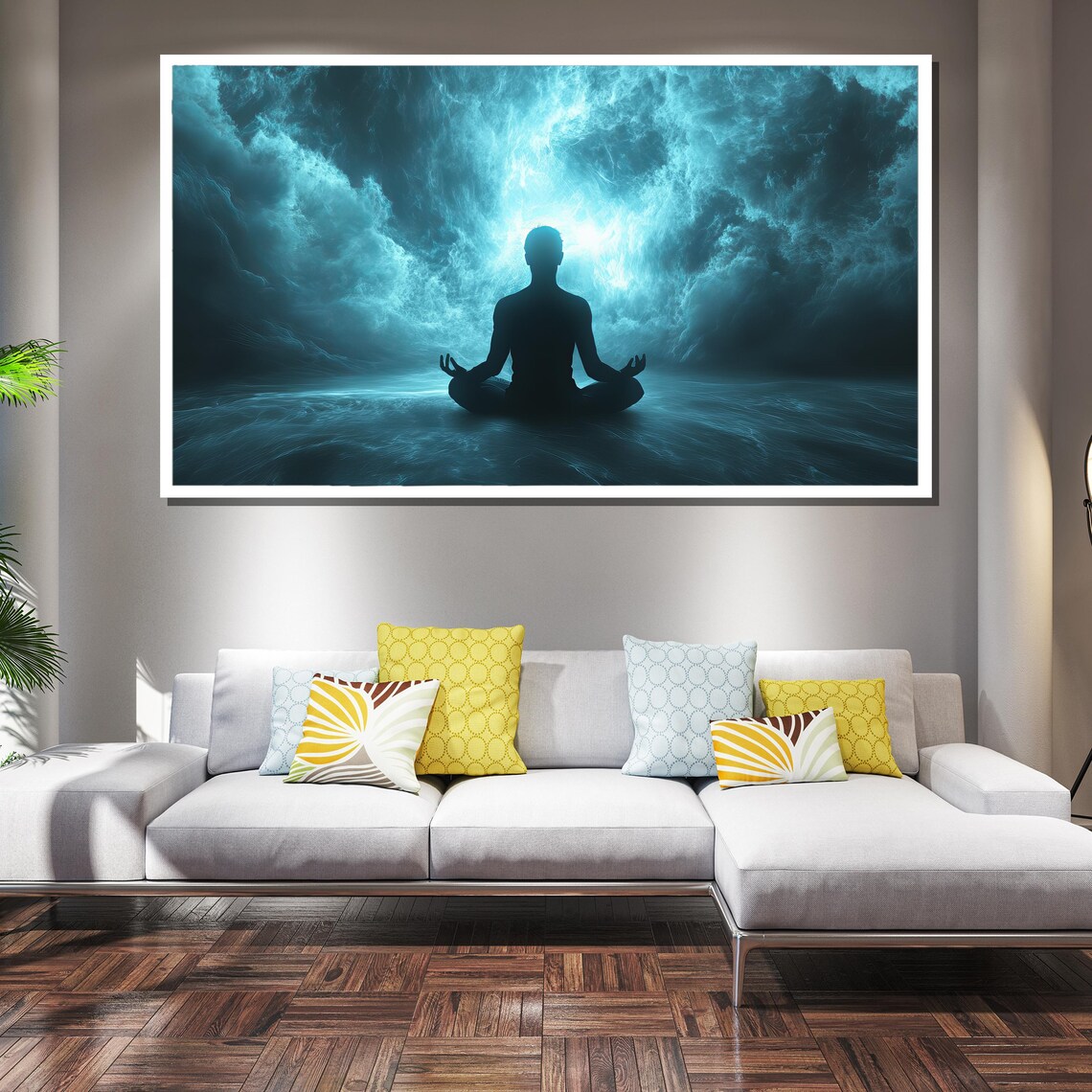 Meditation Silhouette Zen Cosmic Teal Clouds Spiritual Yoga Wall Poster - Image 3