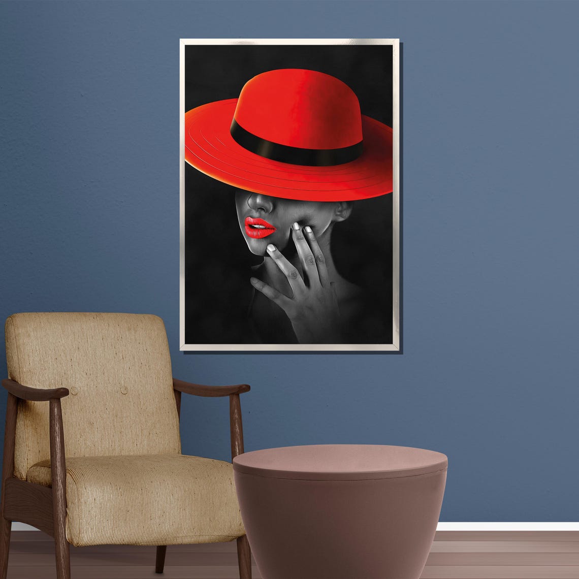 Dramatic Lady In Red Hat And Red Lips In Black Red Contrast Poster - Image 4