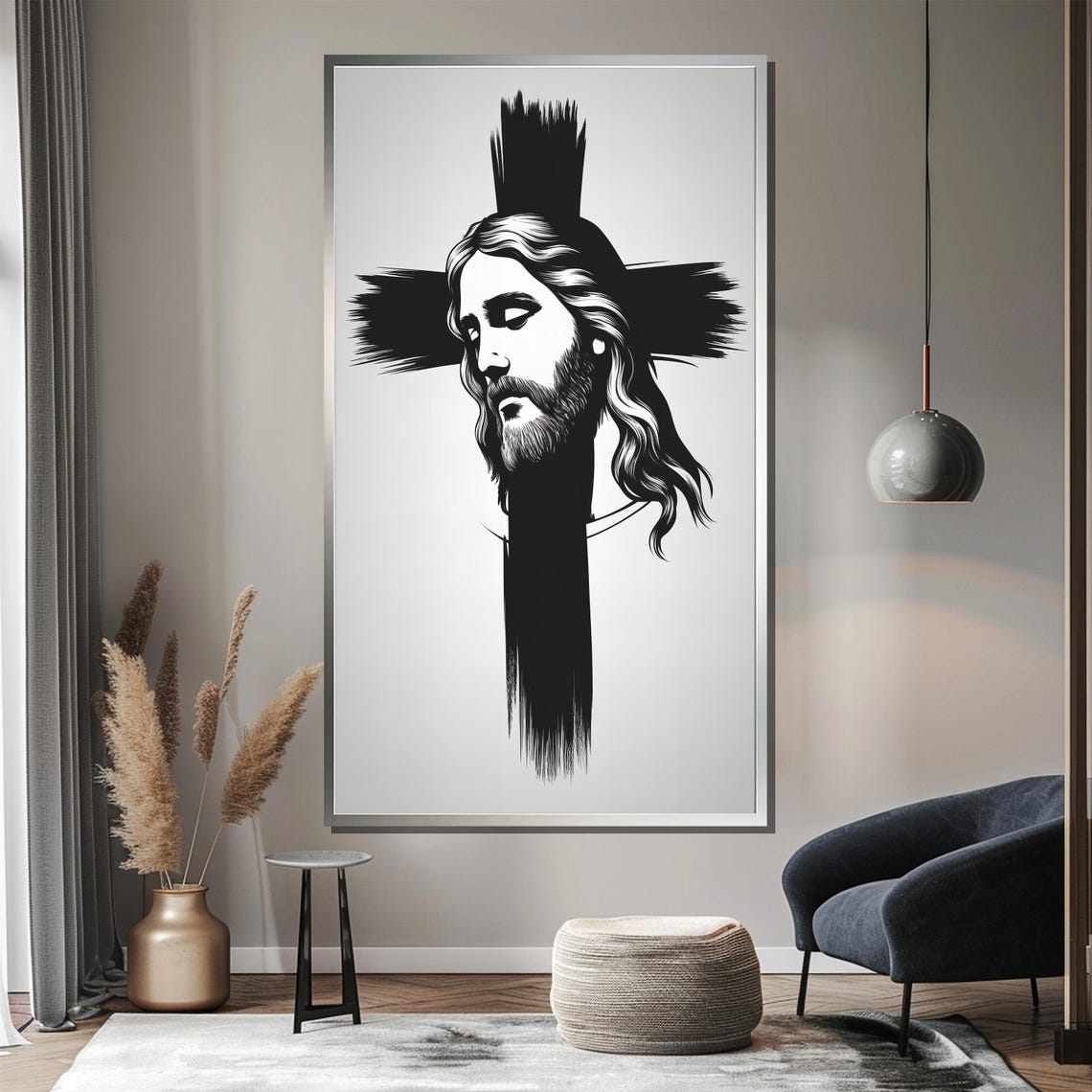 Minimalist Jesus Face Black and White Cross Modern Art Poster - Image 5