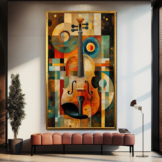 Abstract Geometric Violin in Cubist Mosaic Blocks Modern Art Poster