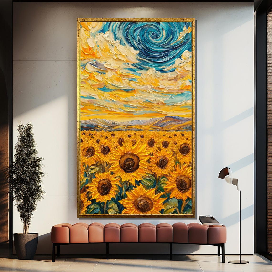 Sunflower Field Under Swirling Starry Sky Impasto Floral Wall Poster