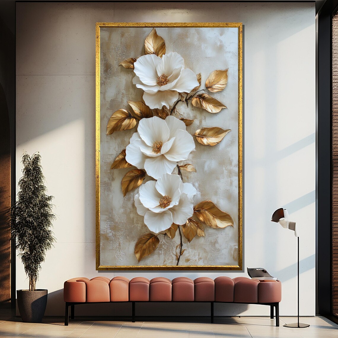 White Blossoms With Metallic Gold Leaves Embossed Floral Art Poster