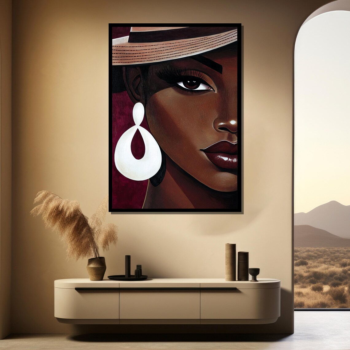 Glamorous Woman in Straw Hat With White Sculptural Earring Art Poster - Image 4
