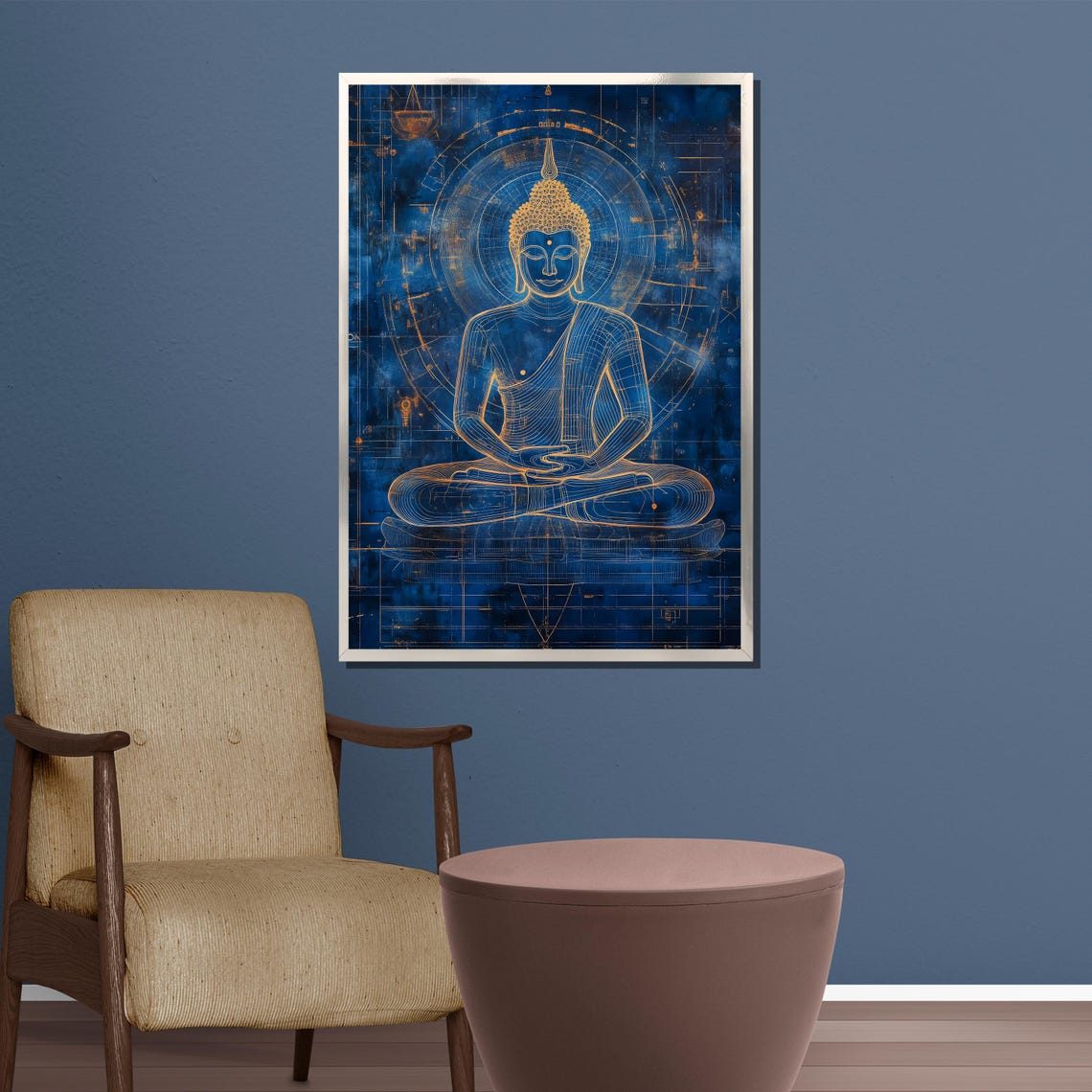 Blue and Gold Geometric Buddha Line Art Technical Drawing Poster - Image 3