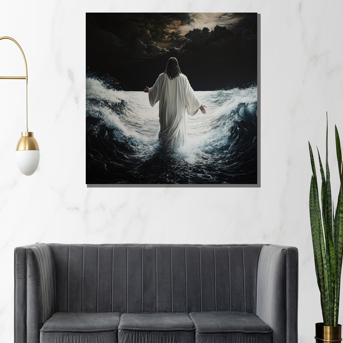 Jesus Walking on Water Dark Stormy Waves Arms Wide Open Poster - Image 3