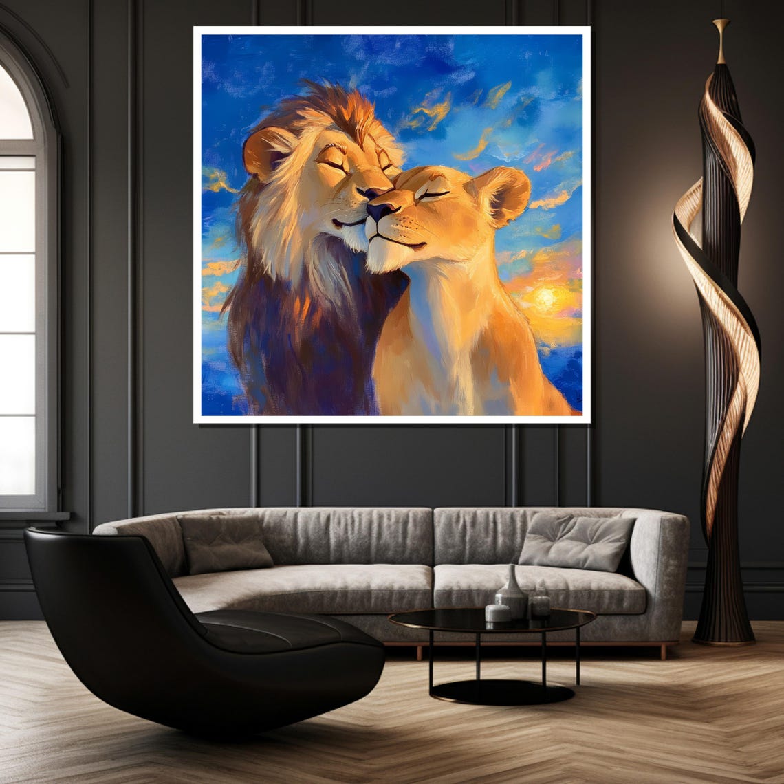 Romantic Lion Couple Nuzzling Beneath Sunset Wildlife Love Poster - Image 2