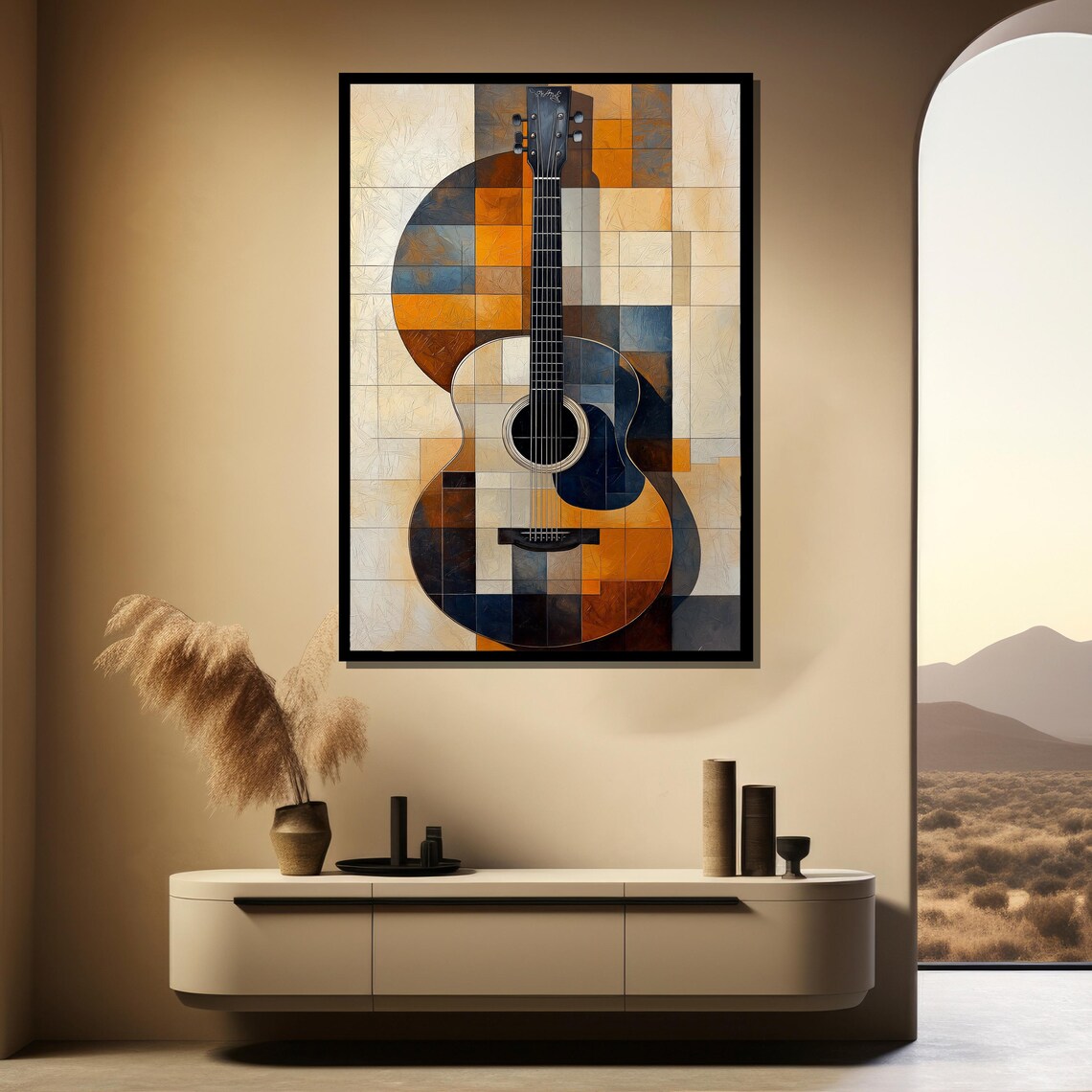 Modern Acoustic Guitar Painting in Geometric Warm Mosaic Poster - Image 4