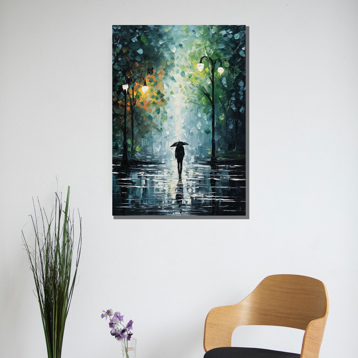 Solitary Umbrella Figure Walking A Rainy Teal Park Avenue Poster - Image 2