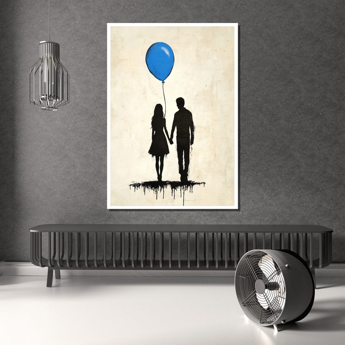 Couple Silhouettes Holding Hands Under a Blue Balloon Poster - Image 2