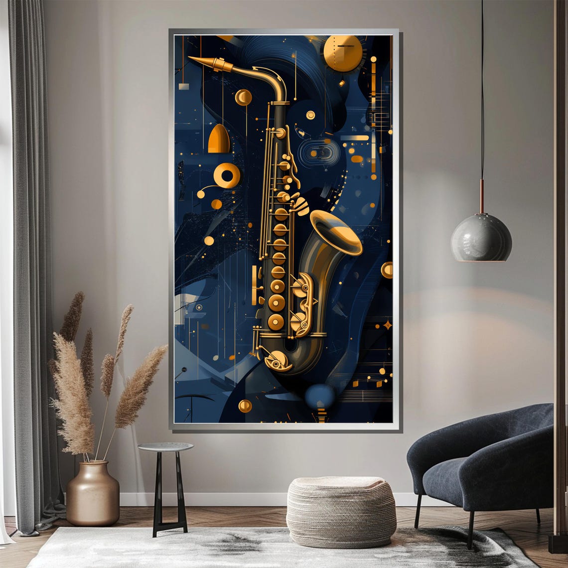 Golden Saxophone Floating on Midnight Blue Cosmic Modern Art Poster - Image 3